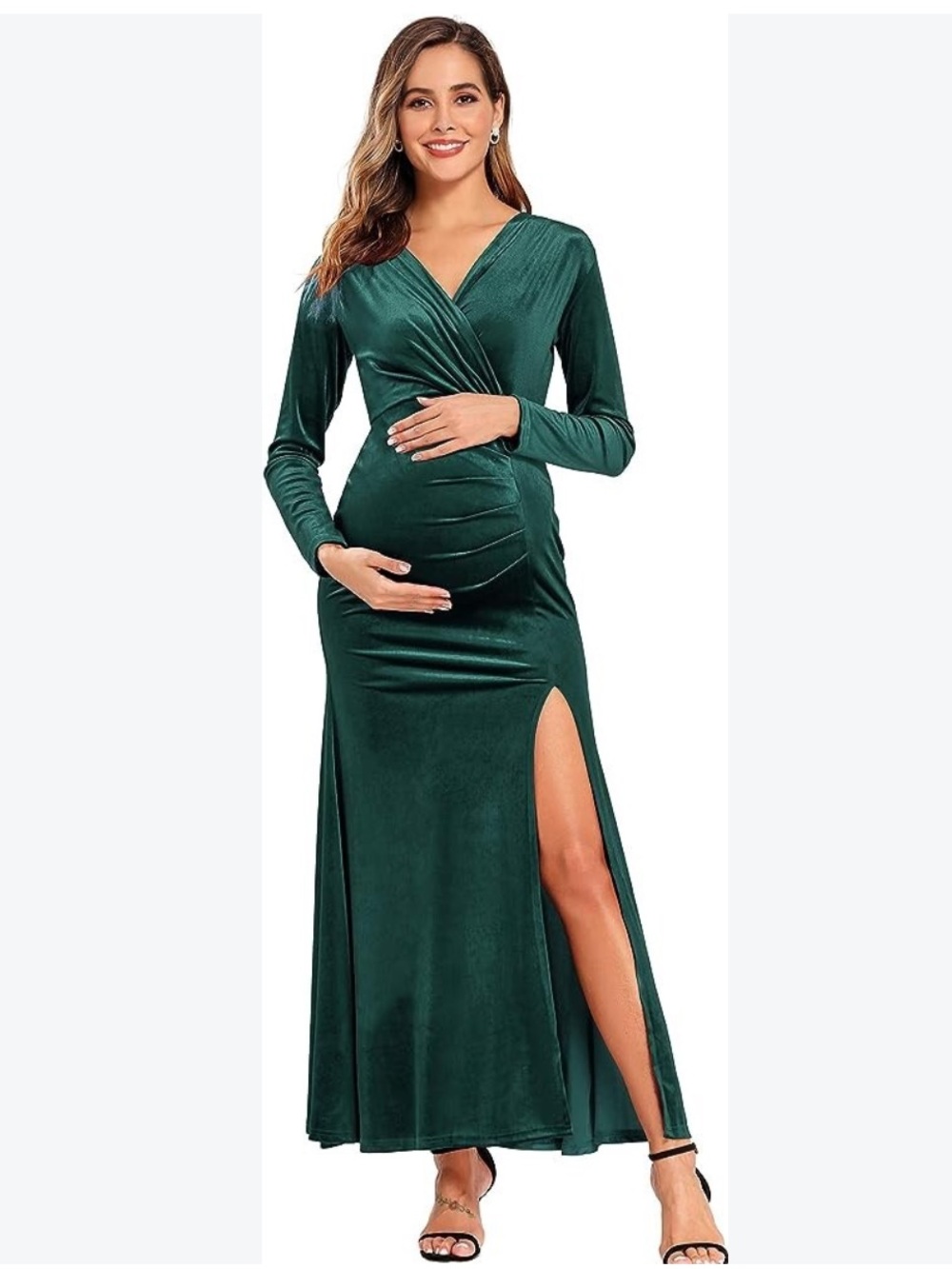 BABALET Women’s Emerald Green Maternity Velvet Wrap Maxi Dress